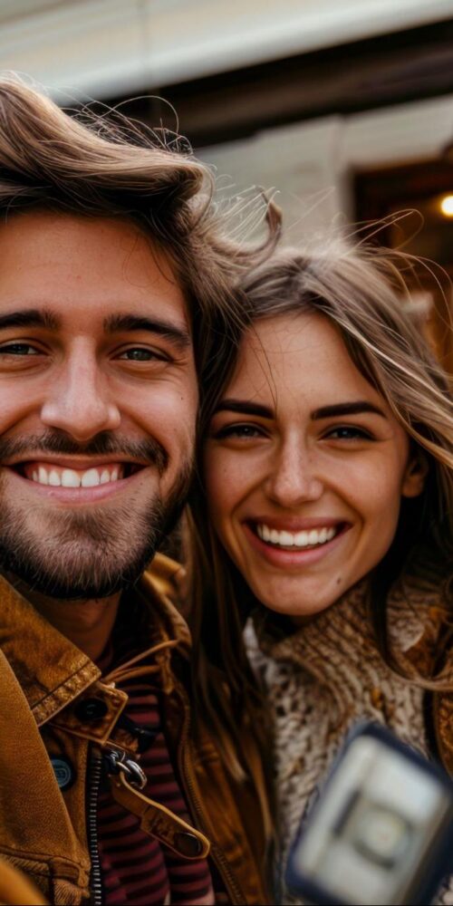 Smiling couple standing outside their home, enjoying a bright autumn day.