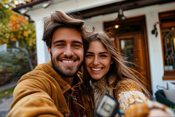 Smiling couple standing outside their home, enjoying a bright autumn day.