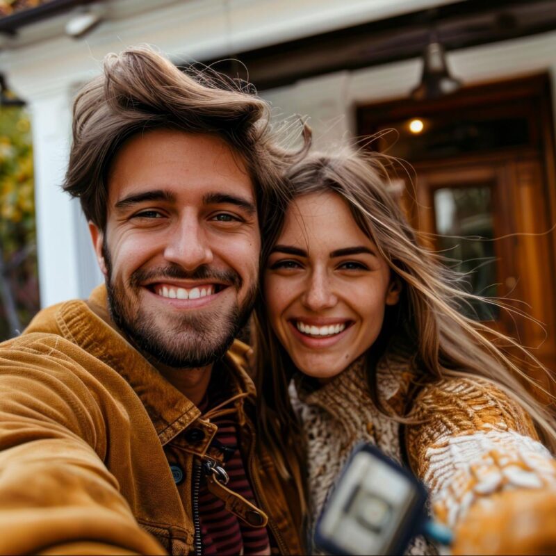 Smiling couple standing outside their home, enjoying a bright autumn day.