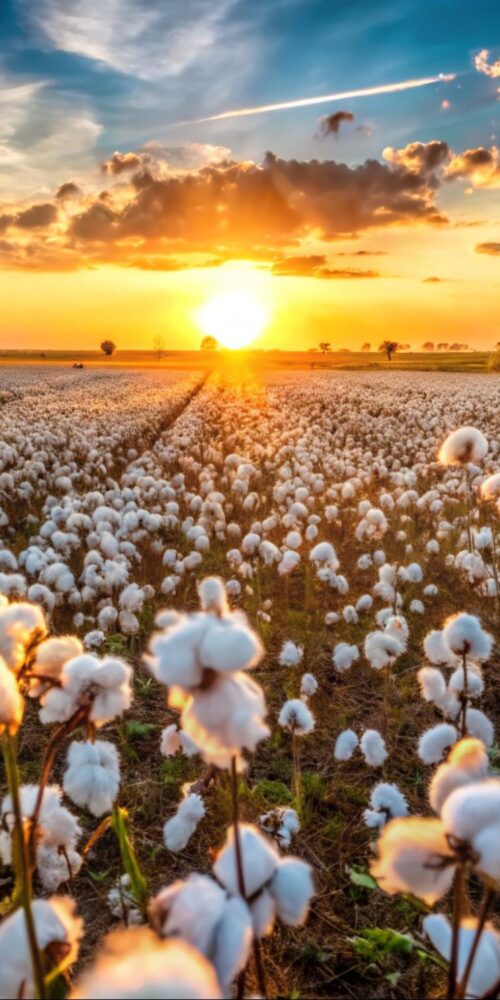 A vast cotton field in West Texas at sunset, symbolizing the region's rich agricultural heritage and the importance of farming in the local economy.