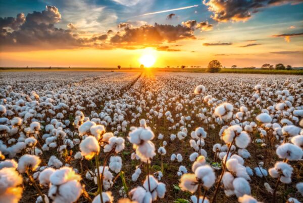 A vast cotton field in West Texas at sunset, symbolizing the region's rich agricultural heritage and the importance of farming in the local economy.