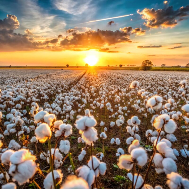 A vast cotton field in West Texas at sunset, symbolizing the region's rich agricultural heritage and the importance of farming in the local economy.